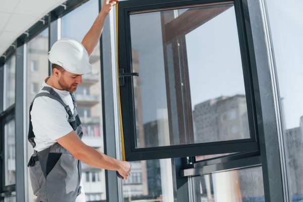 Focused on the work. Repairman is indoors in the modern room.
